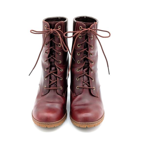 Timberland Glancy Lace-Up Boots Womens 9 Burgundy Leather Block Heel A18Z6 - Picture 2 of 13